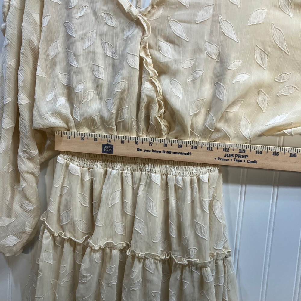 Peach Love California Cream Embroidered Leaf Smocked Tiered Mini Dress L Peasant - Picture 11 of 11